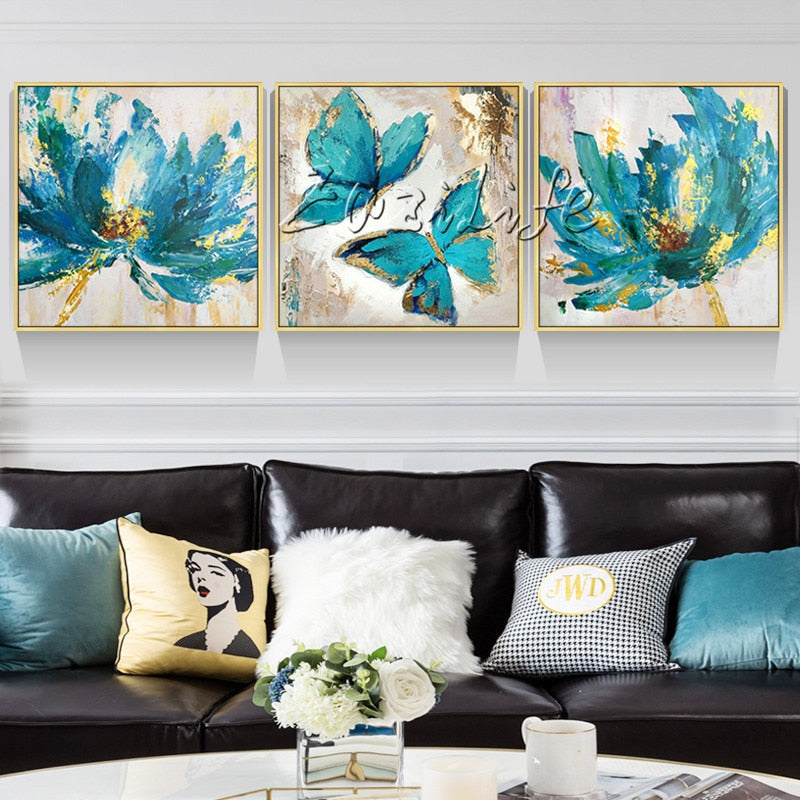 Set of 3 Blue gold Flower butterfly canvas oil Painting Abstract Texture handmade Caudros Decoracion Wall Art Pictures