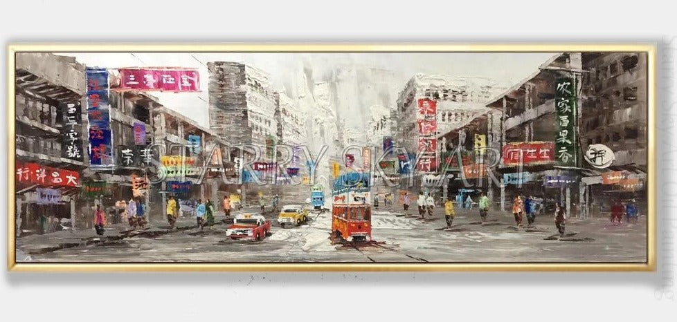 Professional Artist Hand-painted High Quality Wall Art Old HongKong Street Oil Painting on Canvas Hong Kong City Oil Painting
