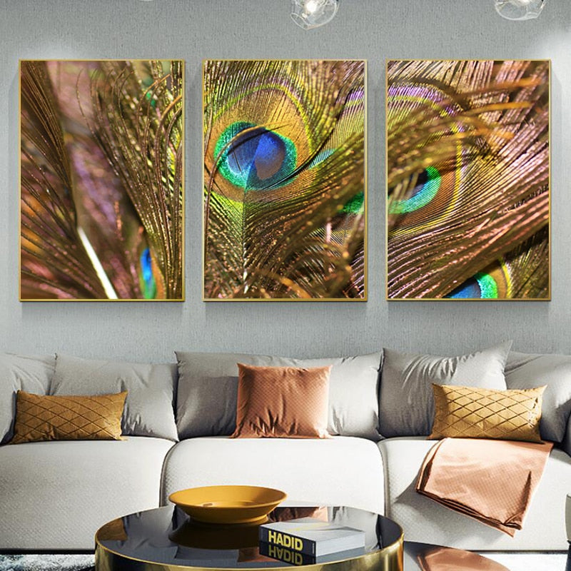 3 Pcs/set Golden Peacock Feathers Pictures Canvas Paintings Wall Art for Living Room Modern Posters Home Decor