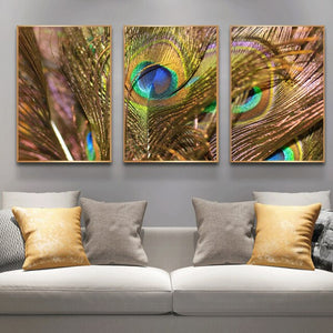 3 Pcs/set Golden Peacock Feathers Pictures Canvas Paintings Wall Art for Living Room Modern Posters Home Decor