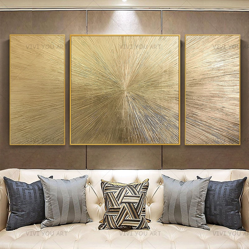 100% Handmade Modern Golden Line Oil Painting On Canvas 3 Pieces/set Golden Color Abstract Wall Art Picture For Room No Framed