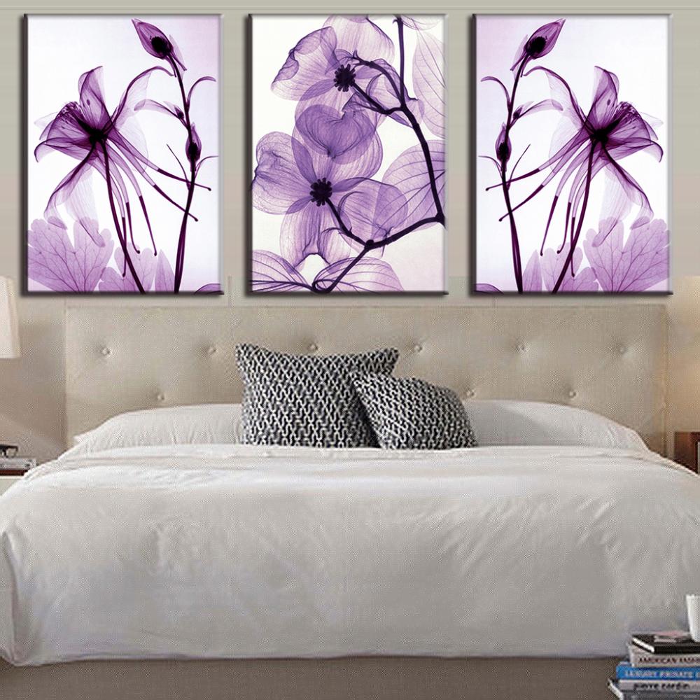 Wall Art Prints HD Painting Decorative Modular Pictures 3 Pieces/Pcs Purple Flower Framework Canvas For Living Room Bedroom