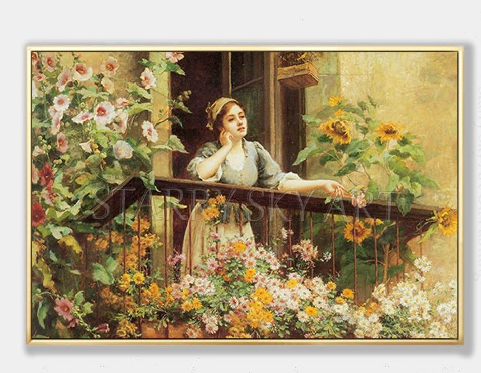 Gifted Artist Hand-painted High Quality Impressionist Wall Art Beautiful Lady at Balcony Oil Painting Wonder Girl Oil Painting