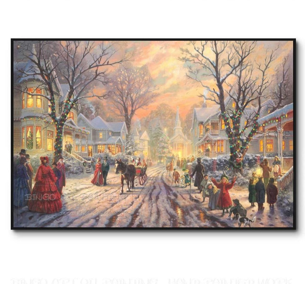 Excellent Artist Hand-painted Top Quality A Victorian Christmas Landscape Oil Painting Handmade Vivid Colors Christmas Best Gift