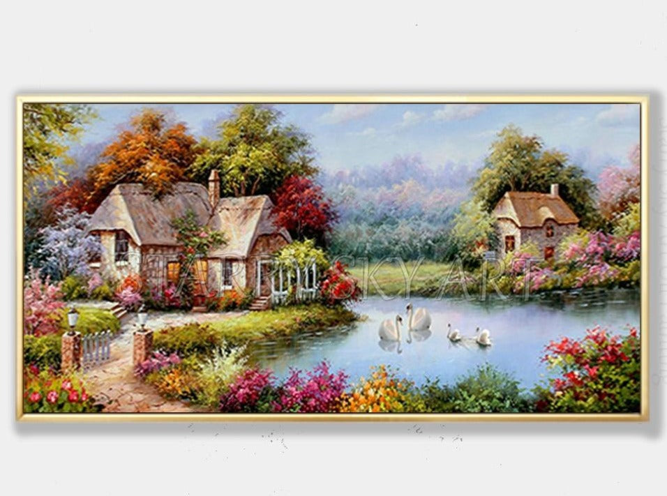 Beautiful Europe Landscape Oil Painting Hand-painted Colorful Europe Landscape Swans Swim in Lake Oil Painting for Wall Decor
