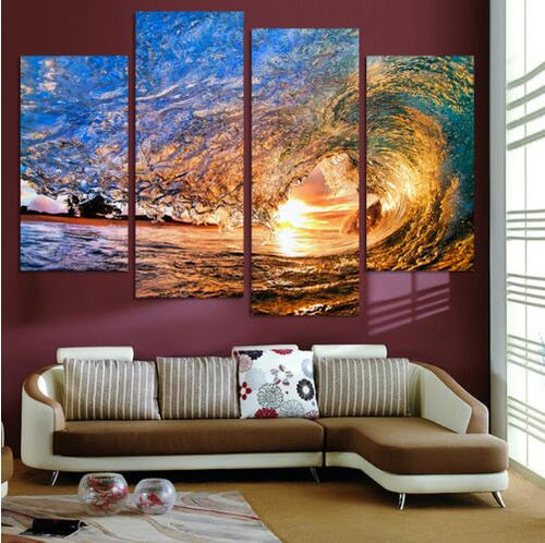 Fallout Wall Art No Frame Canvas Only 4 Pieces Sunset On The Beach With Screw Ocean Wave Wall Painting Home Decor