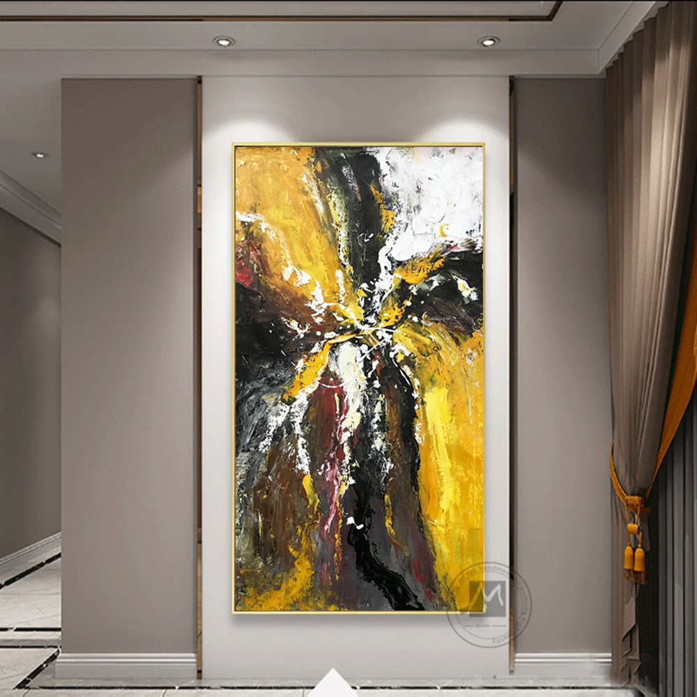 Vertical modern abstract original artwork oil painting on canvas handmade decorative pictures yellow black grey for living room