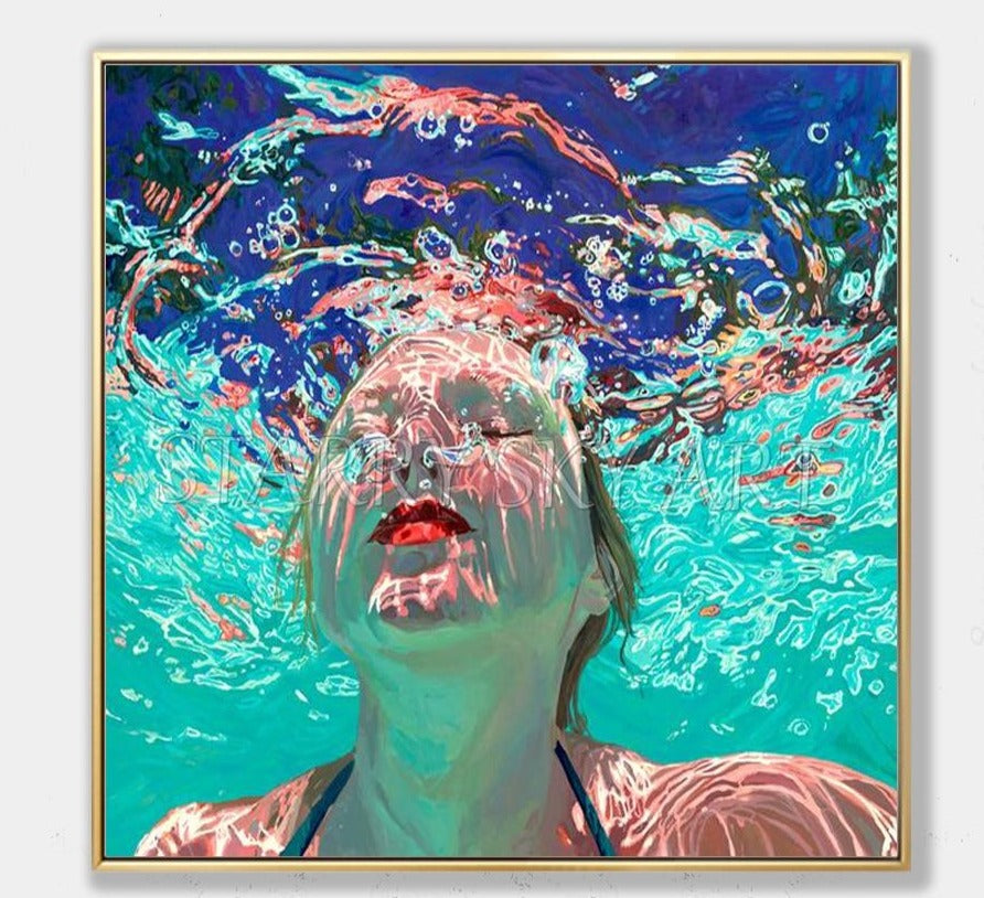 Gifted Artist Hand-painted High Quality Diving Lady Oil Painting on Canvas Beautiful Swimming Girl Oil Painting for Living Room