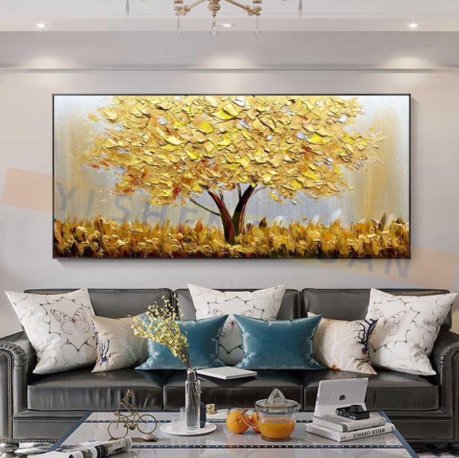100% New Handmade Large Gold money Tree Painting Modern landscape Oil Painting On Canvas Wall Art Picture For Home Office Decor