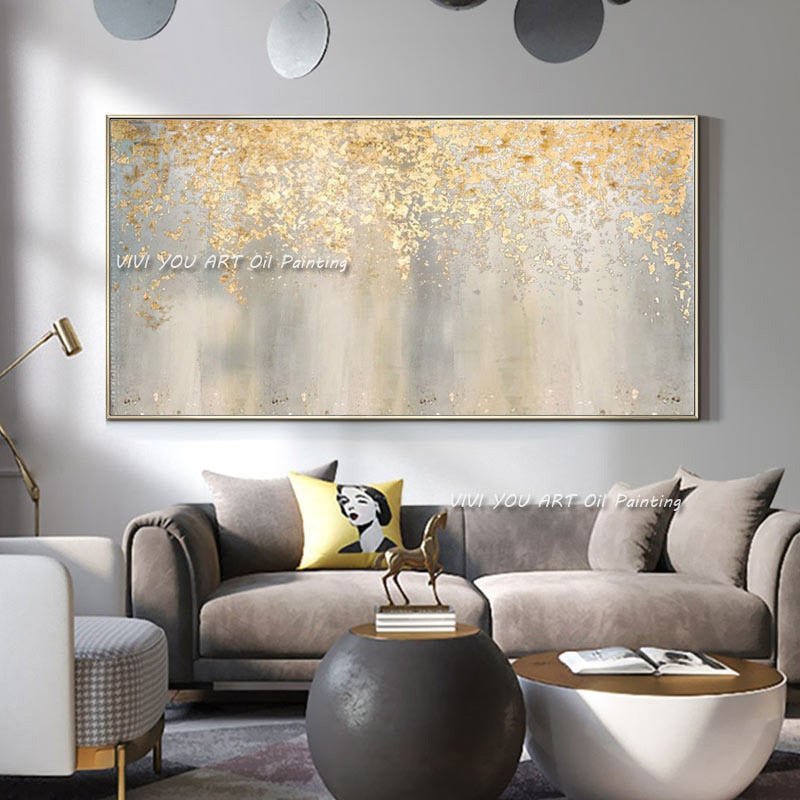 Handmade Art Wall Pictures For Home Decoration Hand Drawn Canvas Oil Painting Custom Abstract Gold Foil Picture For Living Room