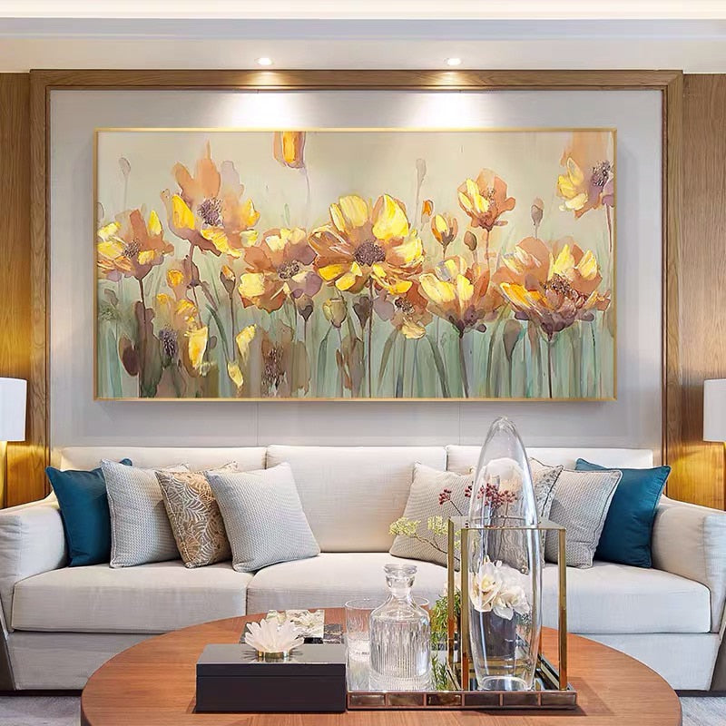 Modern Artist Painted Abstract Golden chrysanthemum Oil Painting On Canvas Wall Frameless Picture Decor For Live Room Home Gift