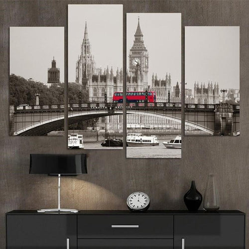 Modern Decor Landscape Poster City London Big Ben Red Bus 4 Pieces Canvas Painting and Prints Wall Pictures for Living Room