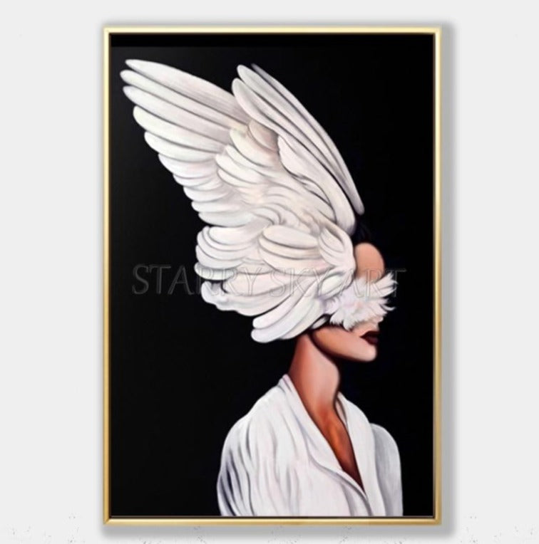 Gifted Artist Hand painted Black Background Beautiful Lady with Wings Oil Painting on Canvas Modern Fine Art for Wall Decoration