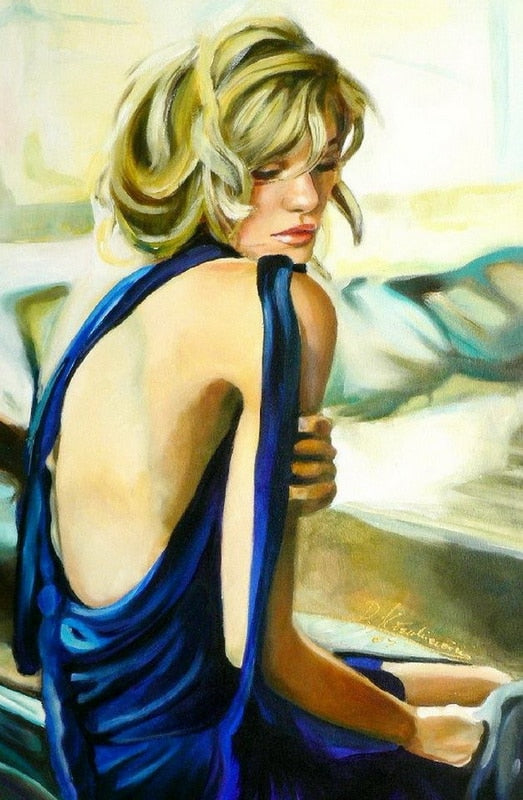 Handmade painting  contemplative girl  on oil canvas for living room decor and wall art poster