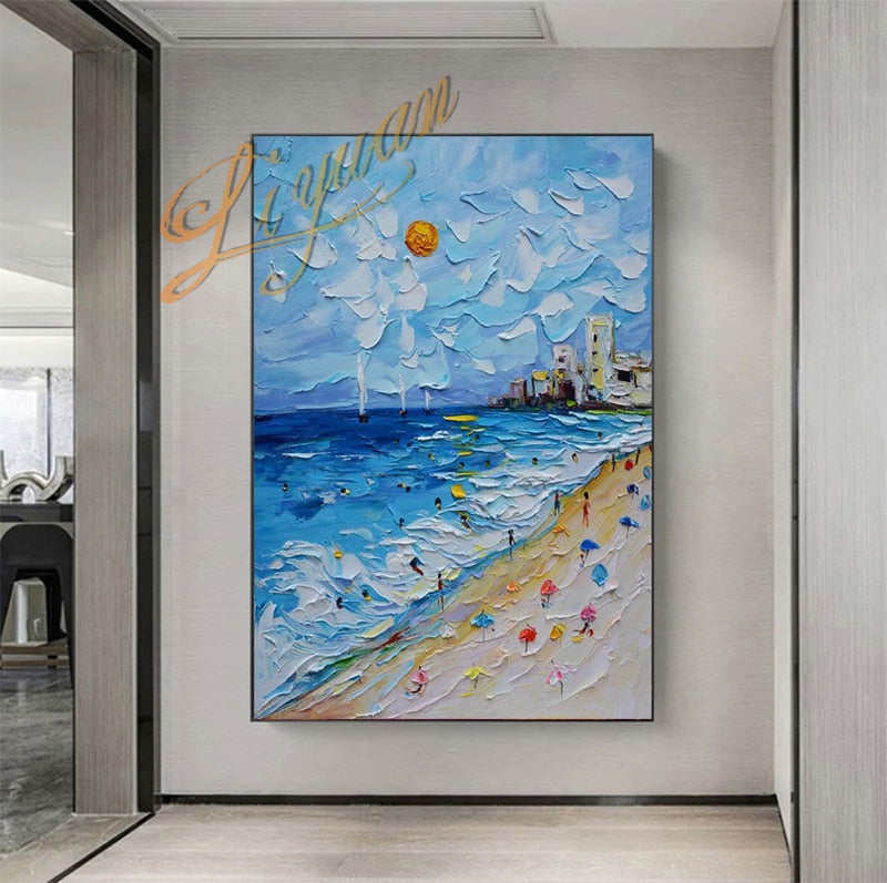 Abstract Seaside Scenery Heavy Textured Thick Oil Painting The waves of the sea beach Art Hand-painted Seascape Wall Canvas
