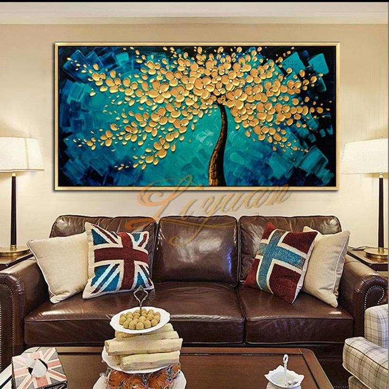 Hand-painted knife oil painting on new golden tree canvas, large 3D painting in living room, modern abstract art wall painting