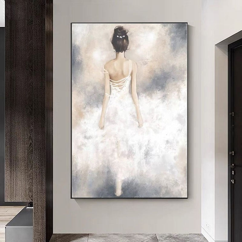 Abstract Hand-Painted Oil Painting Decorative Simple Nordic Model Room White Dress Girl For Living Room Bedroom No Frame