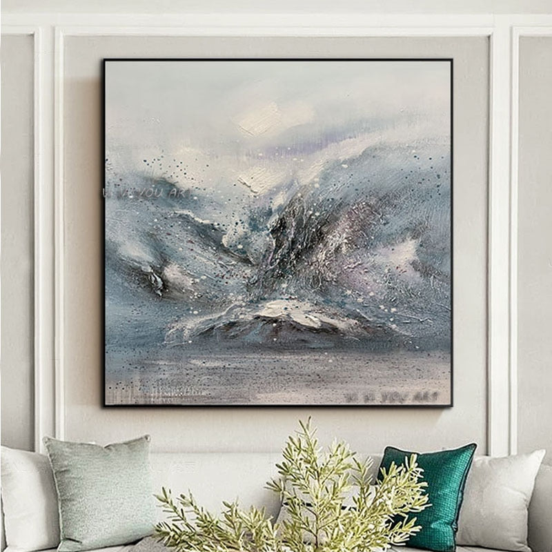 Large Size Canvas Handmade Abstract Oil Painting Blue and White Wall Art Minimalist Decoration   Modern  Living Room