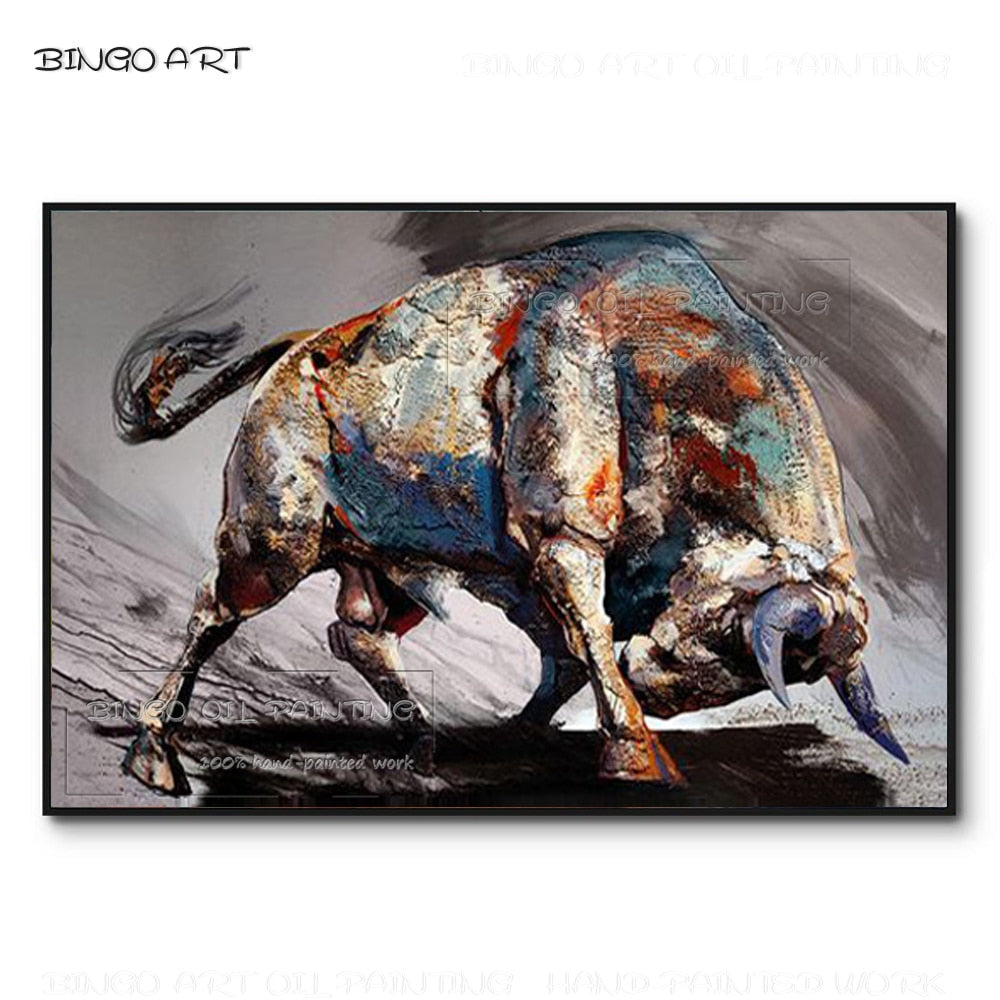 Professional Artist Hand-painted High Quality Strong Animal Bull Oil Painting Handmade Strong Bull Oil Painting for Living Room