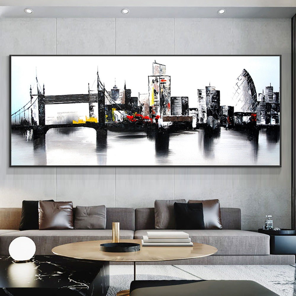 100% Handmade Abstract Black Building Bridge River Oil Painting On Canvas Modern Painting Wall Art Pictures For Home Decoration