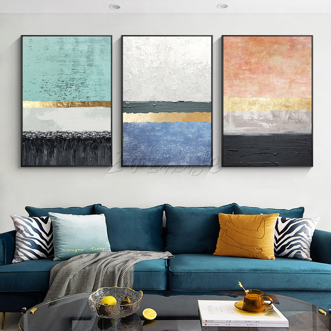 Hand Painted Set of 3 Abstract Gold colourful Canvas Acrylic Oil painting Living Room 3 pieces large Wall art home decor