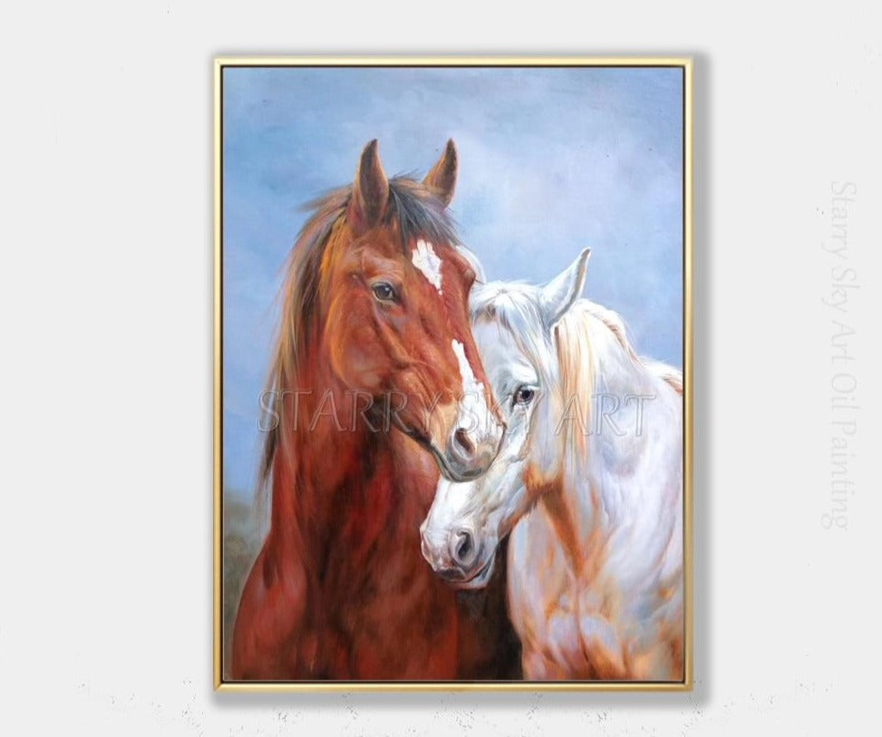 Gifted Artist Hand-painted Animal 2 Horses Oil Painting on Canvas Realist Impressionist 2 Horses Oil Painting for Living Room