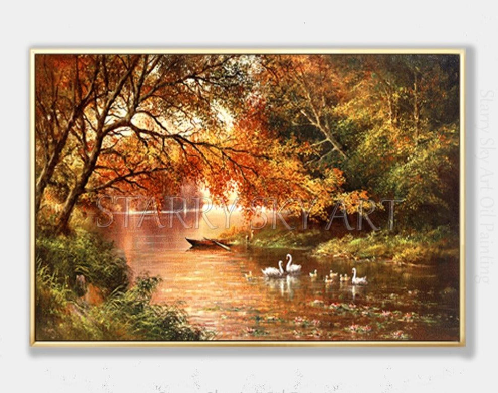 Professional Artist Hand-painted High Quality Lake Landscape Oil Painting Beautiful Swan in Lake Oil Painting for Wall Art Decor