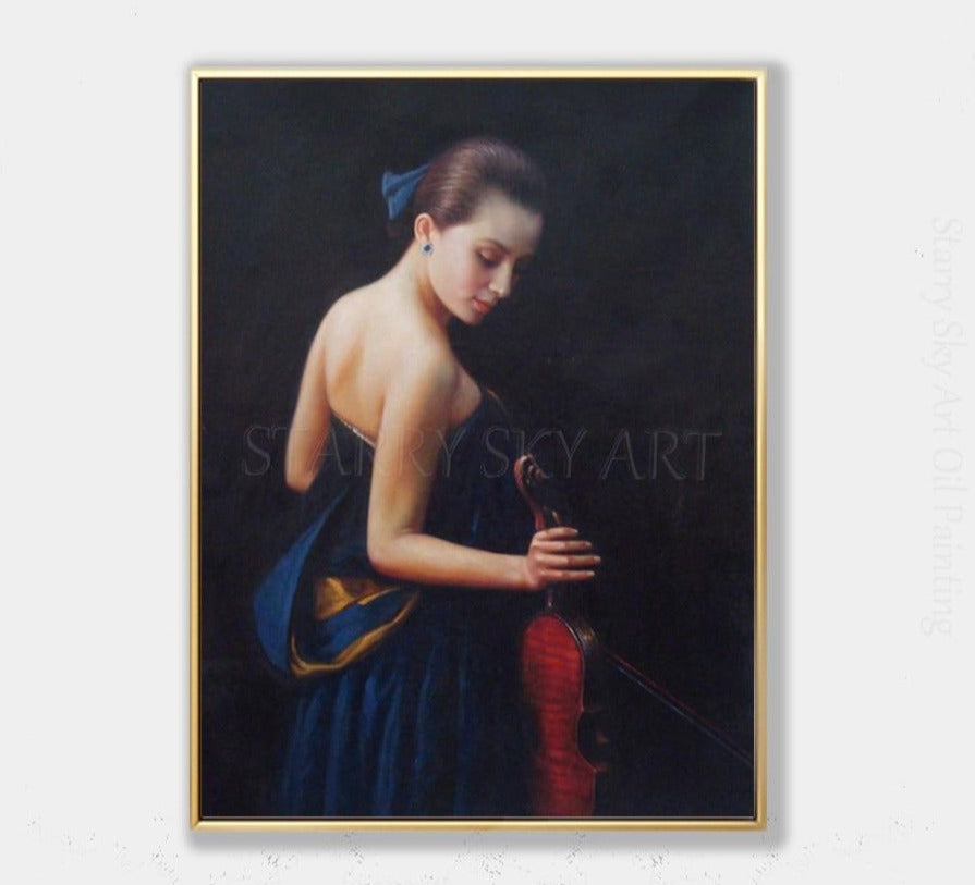 Pure Hand-painted High Quality Impressionist Europe Lady Playing Violin Oil Painting on Canvas Beauty Musical Lady Oil Painting