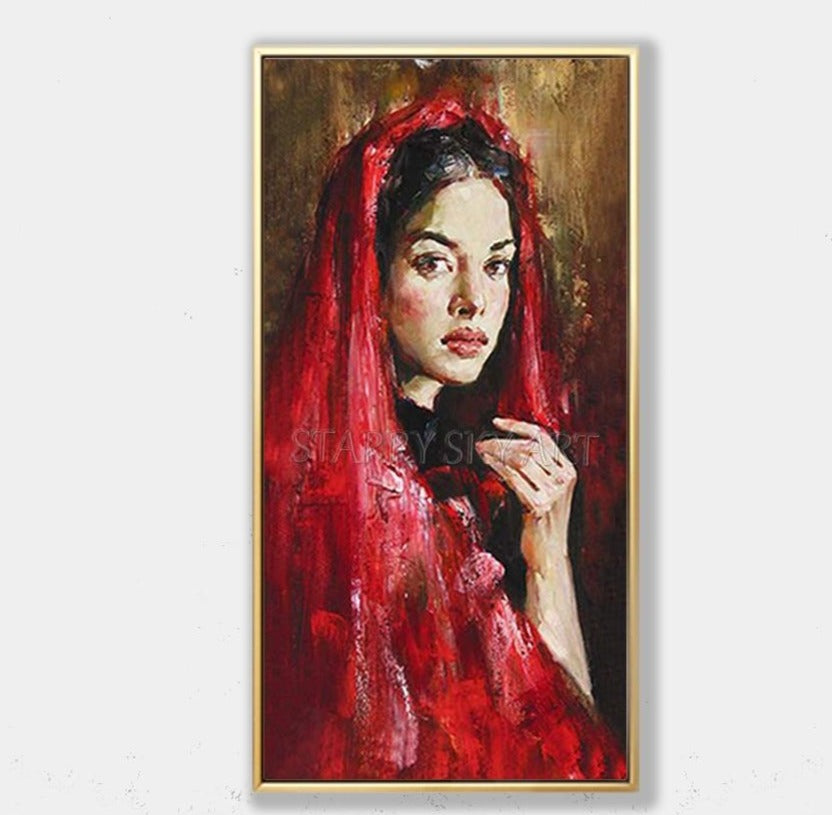 Top Artist Hand-painted High Quality Beautiful Lady with Scarf Oil Painting on Canvas Fine Art Europe Portrait Lady Oil Painting