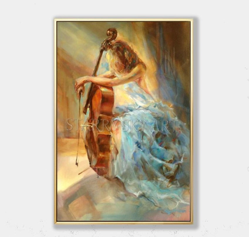 Skilled Artist Hand-painted High Quality Impressionist Art Musician Figure Oil Painting on Canvas Lady with Cello Oil Painting