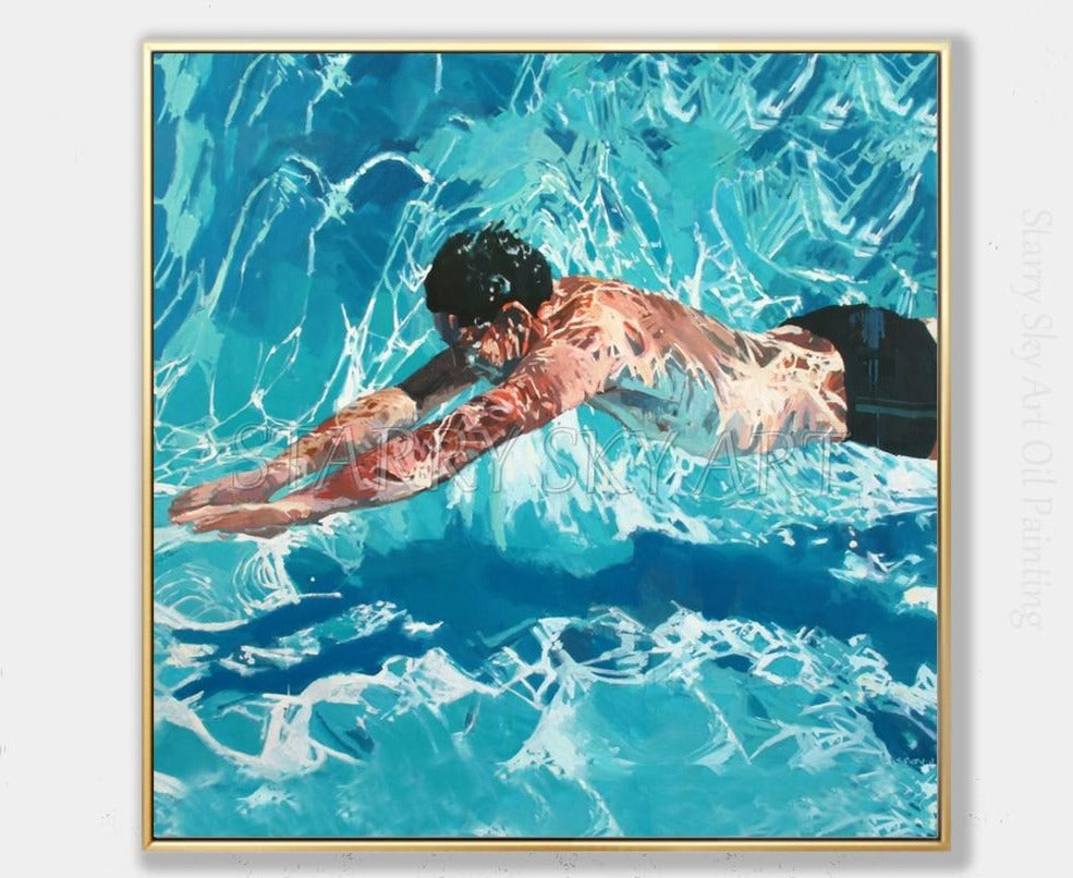 Professional Painter Hand-painted High Quality Impressionist Portrait Man Swimming Oil Painting Wall Art Man Swim Oil Painting