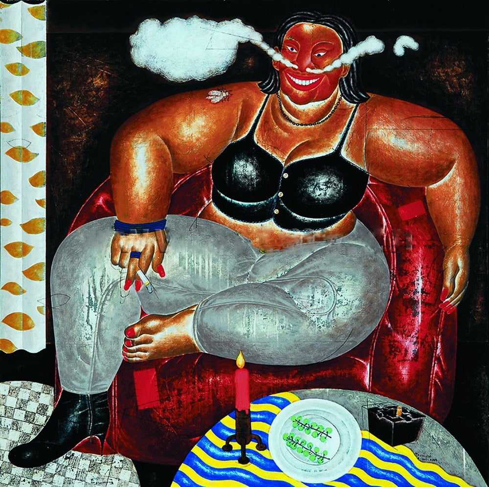 Modern handmade abstract painting smoking  woman on oil canvas for home decor and wallpaper, gallery