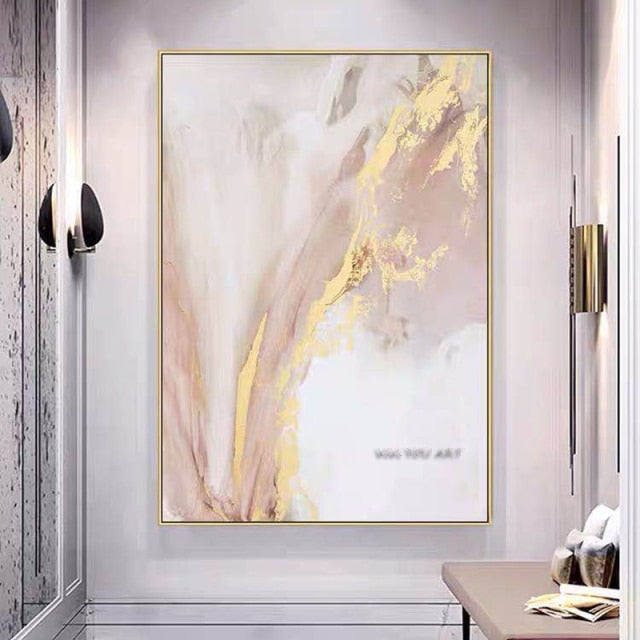 100% Handmade Modern Abstract Blue Gold Marble Texture Canvas Painting Wall Art Poster for Living Room Interior Home Decor