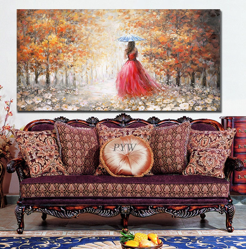 100% Hand Painted Abstract Girl Walking In The Grove Oil Painting On Canvas Wall Art Pictures For Home Decor Bedroom Decoration