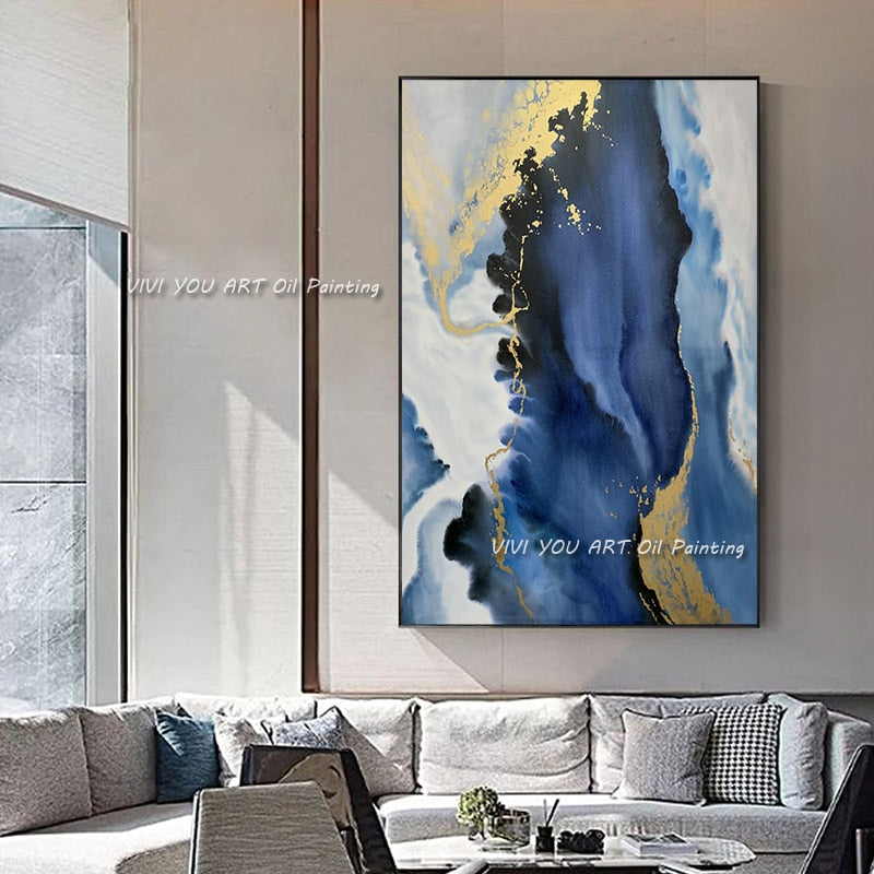 Large Abstract Blue Yellow Handmade Oil Painting Modern Canvas Art Fashion Wall Pictures for Living Room Big Blue Home Art