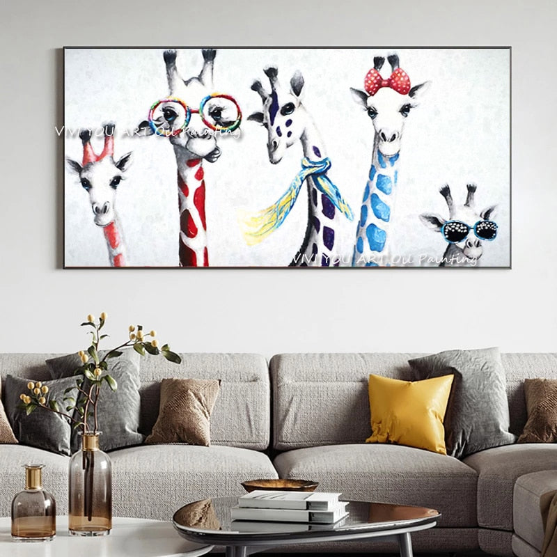 Handmade Gigraffe Cute Animals Color Wall Art Canvas Handpainted Cuadro Modern Abstract Painting Wall Pictures for Living Room