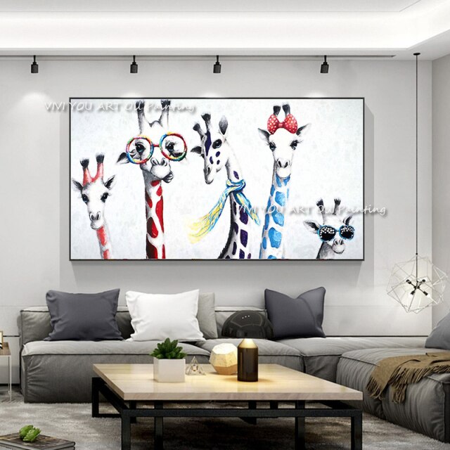 Handmade Gigraffe Cute Animals Color Wall Art Canvas Handpainted Cuadro Modern Abstract Painting Wall Pictures for Living Room