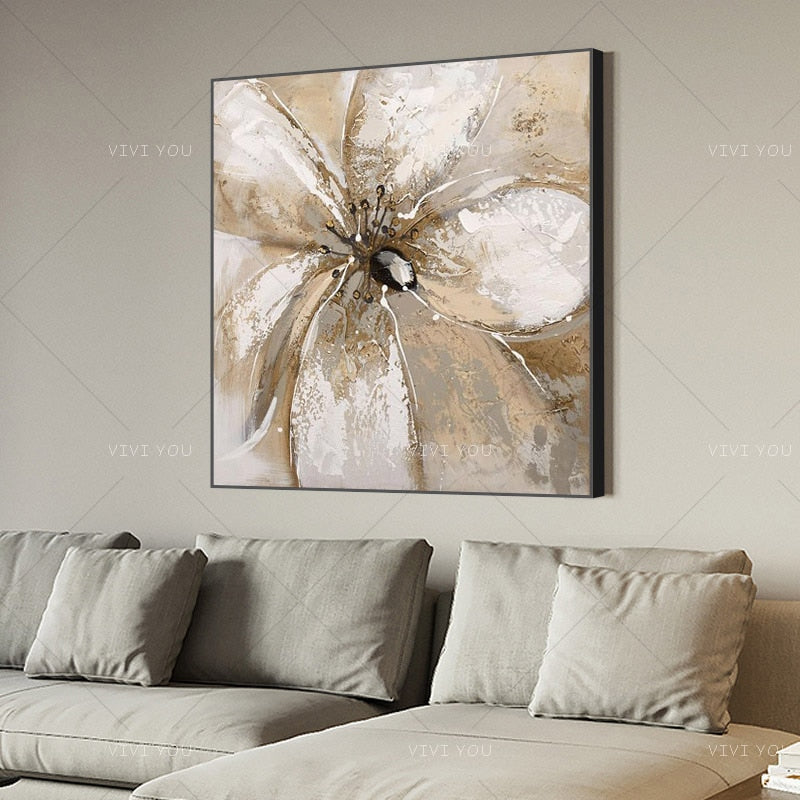 High Quality Gray  White Golden Flower Blue Silver Abstract Best Art Oil Painting Canvas Handmade Painted Home Decor Artwork