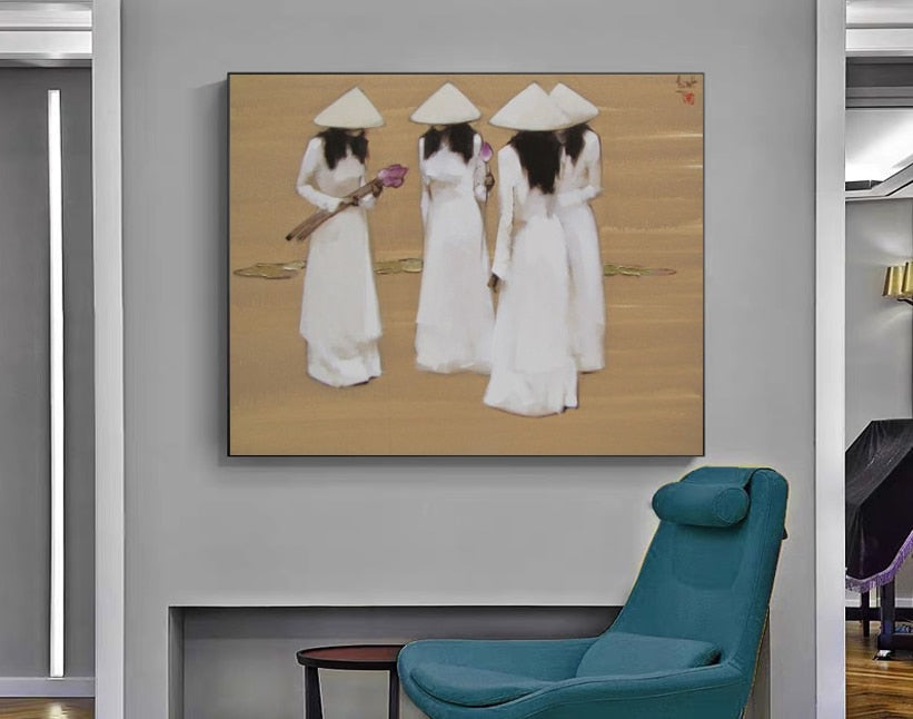 Alec Monopoly Oil Painting School Girl in Wbite Dress Vietnamese Art for Living Room Wall Decoration