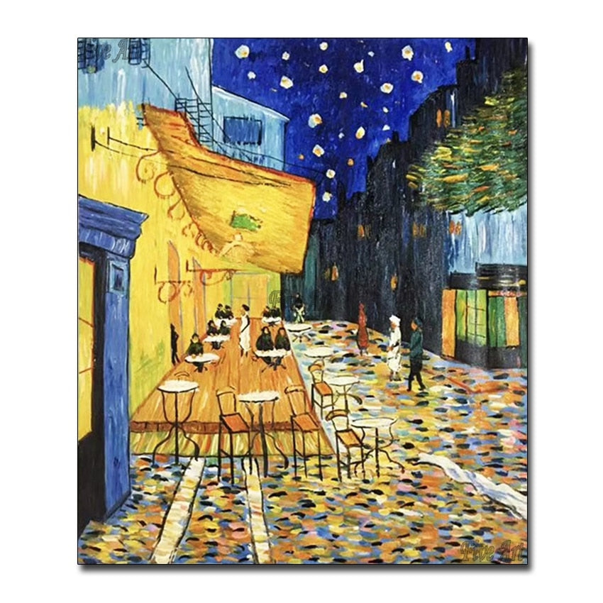 Real Picture Famous Gogh Cafe Terrace At Night Oil Painting Reproductions on Canvas Handpainted Wall Art Picture for Living Room
