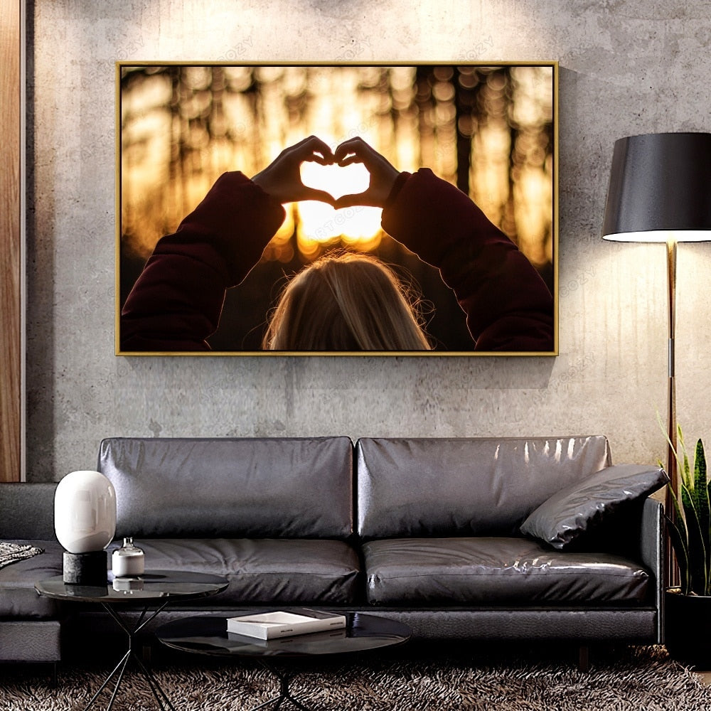Forbeauty Oil Canvas Painting hands_heart_sunset For Home Decoration Wall Art