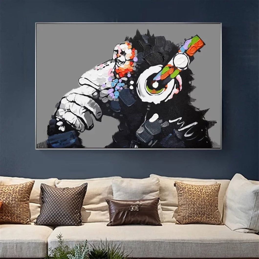 Banksy Monkey Headphones Dj 100% Hand Painted Canvas Oil Painting, Graffiti Street Art, Modern Style