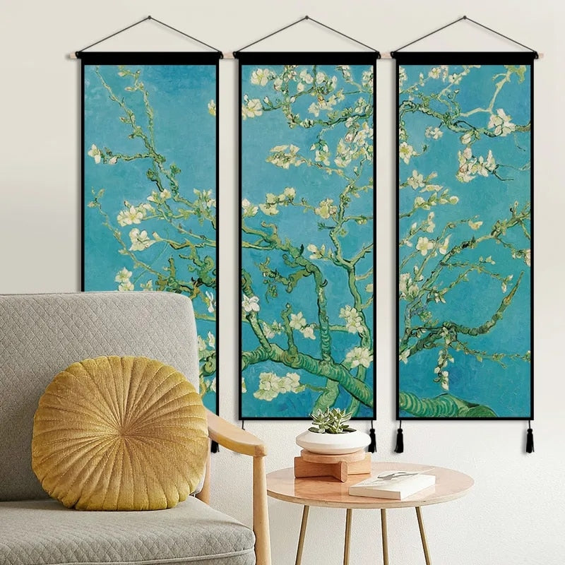 3pcs Pastoral Style Canvas Poster Floral Wall Art Painting Wood Scroll Hanging Painting Picture Abstract Home Decor Living Room