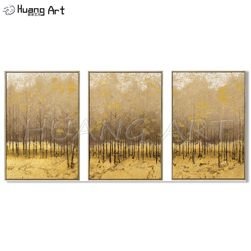 Gold Yellow Birch Forest Group of Paintings Hand-Painted Abstract Autumn Landscape Oil Painting on Canvas for Home Wall Art