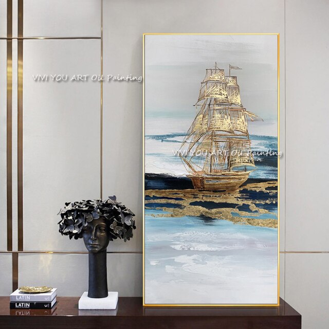 Wall Art Canvas Ship Nordic Creative Gold Foil Handpainted Cuadro Modern Abstract Painting Wall Picture for Living Room Sea View
