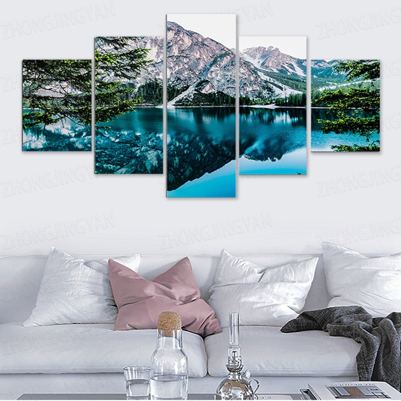 Modular Poster HD Prints Home Decor Mountain Lake Landscape 5 Pieces places of interest Canvas Paintings Wall Art Pictures