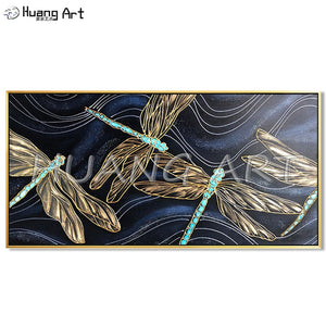 Golden Line Dragonfly Wall Painting Hand-painted Animal Texture Oil Painting on Canvas for Room Decor Modern Dragonfly Painting