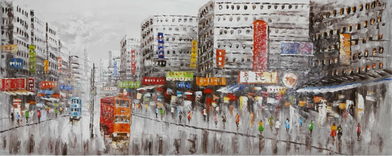 Hand Painted Oil Painting on Canvas Abstract Hong Kong Trams Street Canvas Painting Wall Art Picture Paiting for Home Decoration