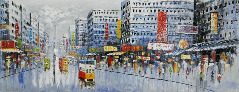 Hand Painted Oil Painting on Canvas Abstract Hong Kong Trams Street Canvas Painting Wall Art Picture Paiting for Home Decoration
