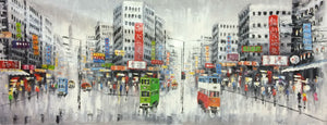 Hand Painted Oil Painting on Canvas Abstract Hong Kong Trams Street Canvas Painting Wall Art Picture Paiting for Home Decoration